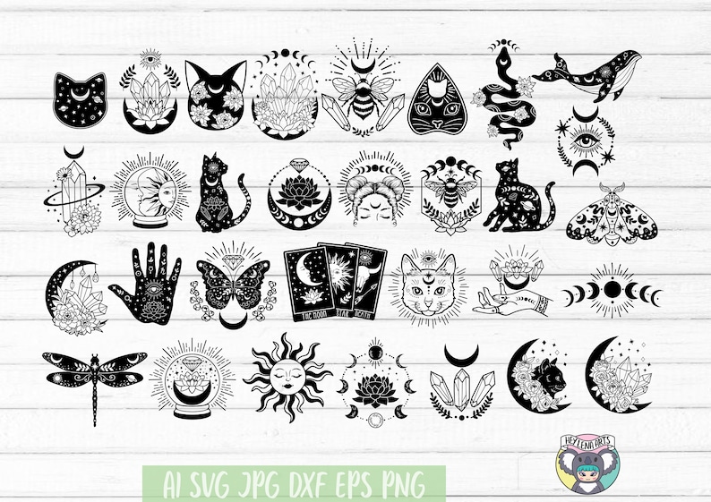 May include: A set of 30 black and white illustrations featuring various mystical and celestial symbols, including cats, crystals, moons, stars, butterflies, and more.