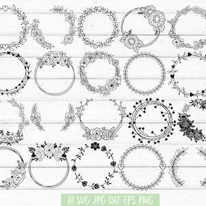 Bundle Svg Couronne, Couronne de fleurs svg, Couronne de Laurier svg, svg de cadre cercle, svg de butin floral, fichiers Svg pour cricut, fichiers dxf pour laser