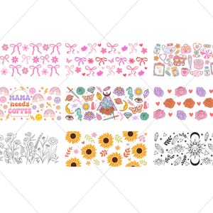 May include: Nine decorative border designs. The designs include pink bows and flowers, medical supplies, rainbows and smiley faces with the text "MAMA needs COFFEE", flowers, sunflowers, and celestial elements.