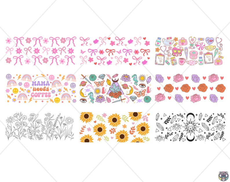 May include: Nine decorative border designs. The designs include pink bows and flowers, medical supplies, rainbows and smiley faces with the text "MAMA needs COFFEE", flowers, sunflowers, and celestial elements.
