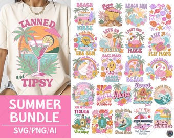 May include: A cream t-shirt with a cocktail graphic and the words "TANNED and TIPSY." The image also features a "SUMMER BUNDLE" graphic with SVG/PNG/AI text, and several other summer-themed designs, all in a retro style.