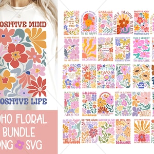 Op de afbeelding: Een crèmekleurig T-shirt met de woorden "POSITIVE MIND" en "POSITIVE LIFE" boven en onder een kleurrijk bloemendesign. De afbeelding toont ook een verzameling digitale kunstprints met bloementhema's en inspirerende citaten.