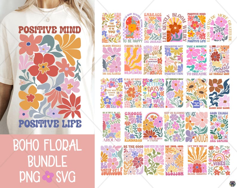 May include: A cream-colored t-shirt with the words "POSITIVE MIND" and "POSITIVE LIFE" above and below a colorful floral design. The image also displays a collection of floral-themed digital art prints with inspirational quotes.