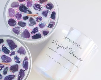 MAGICAL UNICORN Wood Wick, Healing Amethyst + Eco-Glitter, Pearl White Soy Candle, Crystal Healing, Magick - Summermoon Crystal candles