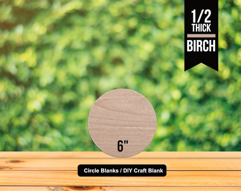 May include: A 6 inch diameter, 1/2 inch thick unfinished birch wood circle blank. The blank is shown on a wooden surface with a blurred green background. Circle Blanks / DIY Craft Blank.