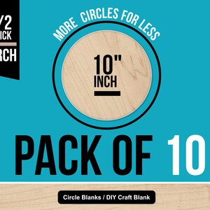 Puede incluir: Un paquete de diez c&iacute;rculos de madera de abedul de 25,4 cm, de 1/2 pulgada de grosor, para manualidades DIY. La imagen presenta un c&iacute;rculo de madera clara con el texto "MORE CIRCLES FOR LESS" y "PACK OF 10" sobre un fondo turquesa.