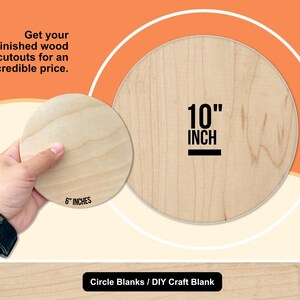 May include: Two unfinished wooden circle cutouts. One is 15 cm in diameter, held by a hand, and the other is 25 cm in diameter. Text on the image reads, "Get your unfinished wood cutouts for an incredible price."