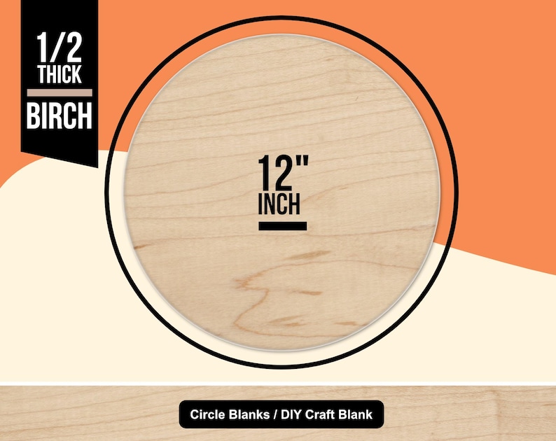 Pode incluir: Um c&iacute;rculo de madeira de b&eacute;tula com 30,48 cm de di&acirc;metro e 1,27 cm de espessura. O tom natural da madeira &eacute; vis&iacute;vel, com o texto "12 inch" e "1/2 thick birch". As palavras "Circle Blanks / DIY Craft Blank" tamb&eacute;m est&atilde;o presentes.