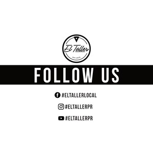 May include: A monochrome graphic featuring the words "FOLLOW US" in large white text against a black band. The image includes social media handles for Facebook, Instagram, and YouTube, and a circular logo that says "El Taller" and "Est. 2019".