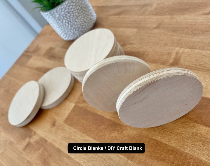 May include: A stack of round wooden craft blanks, perfect for DIY projects. The blanks are various sizes and are arranged on a wooden surface.