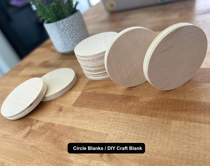 May include: A set of five unfinished wooden circle blanks, perfect for DIY crafts. The blanks are arranged on a wooden surface.