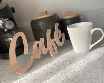 Wood "Café" Sign: Coffee Bar Decor, Birch Plywood (6x10 inches)