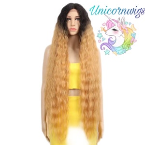 Human hair blend 40 inch super long wavy beautiful black and blonde ombré lace front wig (ready 2 ship USA )unicornwigs