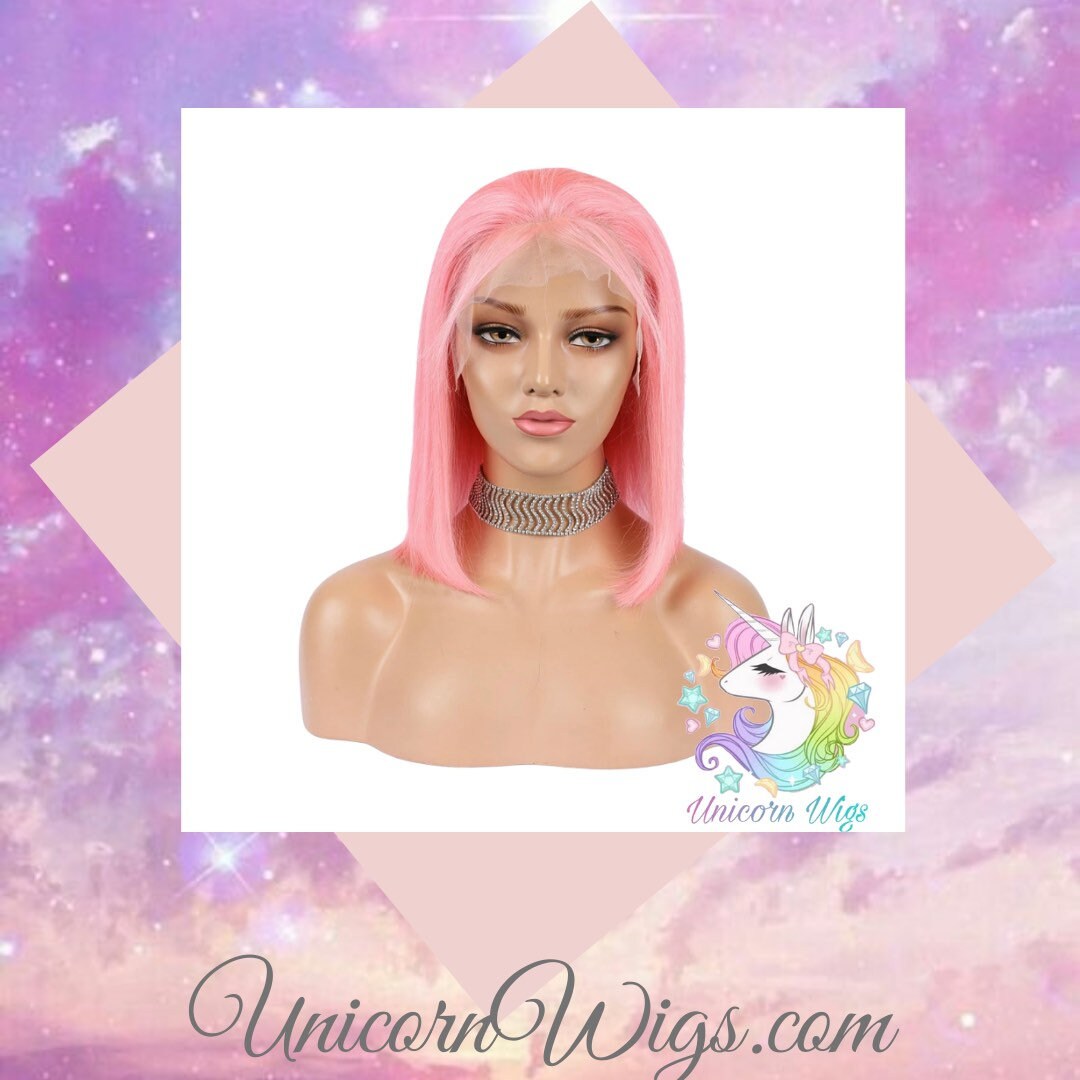 Pink Unicorn Wig Bubble Gum Pink Human Hair Wig Pre Plucked Pink Brazilian Straight Lace Front Wig bob Style 10 14 Inches Free Shipping Etsy UK
