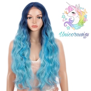 Blue unicorn wig  Human hair blend lace front wig-Blue Ombre -24inches-Wavy-Synthetic Hair-Heat Resistant-Cosplay wigs- Blue Lace Wig