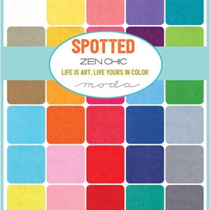 May include: A color chart with 25 squares of different colors. The squares are arranged in a 5x5 grid. The chart is titled "Spotted Zen Chic" and the text "Life is art, live yours in color" is below the title. The text "moda" is below the text.