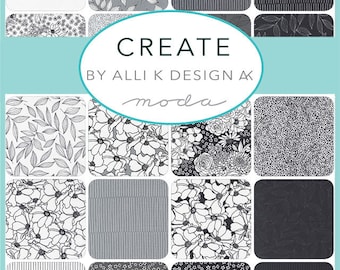 May include: A fabric collection featuring 16 different patterns in black and white. The patterns include leaves, flowers, and stripes. The collection is called "Create" by Alli K Design for Moda.