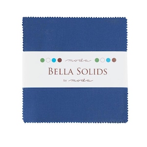 May include: A blue fabric square with a white label that reads "moda Bella Solids by moda".