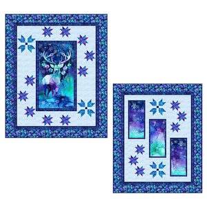 May include: Two winter-themed quilts. The larger quilt features a central image of a deer with antlers, surrounded by blue and purple starbursts. The smaller quilt has three rectangular panels with a similar color scheme and starbursts.