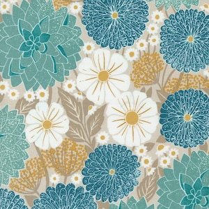 May include: Floral fabric featuring a repeating pattern of large teal and white flowers with yellow centers, interspersed with smaller white and yellow blossoms and brown leaves, all set against a beige background.