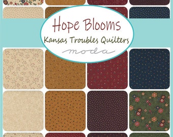 May include: A collection of 12 fabric squares featuring a variety of floral patterns in shades of brown, green, red, and cream. The fabric squares are arranged in a grid pattern and are labeled "Hope Blooms Kansas Troubles Quilters moda".