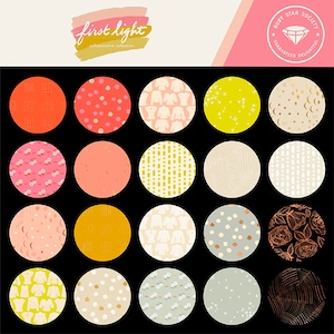 Puede incluir: Una colección de muestras de tela en varios colores y patrones, dispuestas en formas circulares sobre un fondo negro. Las muestras presentan diseños como lunares, estampados florales y formas geométricas. Las palabras "first light" y "collaborative collection" son visibles.