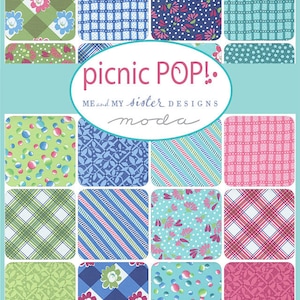 May include: A collection of 16 fabric squares featuring various patterns in shades of blue, green, pink, and white. The patterns include polka dots, stripes, plaid, and floral designs. The fabric squares are arranged in a grid pattern and are labeled "picnic POP!" and "ME and MY sister DESIGNS moda".