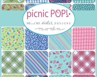 May include: A collection of 16 fabric squares featuring various patterns in shades of blue, green, pink, and white. The patterns include polka dots, stripes, plaid, and floral designs. The fabric squares are arranged in a grid pattern and are labeled "picnic POP!" and "ME and MY sister DESIGNS moda".