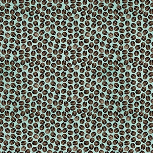 May include: A seamless pattern of brown coffee beans on a light blue background.