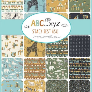 May include: A collection of fabric swatches with various patterns. Designs include giraffes, lions, building blocks, and geometric shapes in shades of blue, green, yellow, and brown. The text "ABC...xyz" and "STACY IEST HSU moda" are also visible.