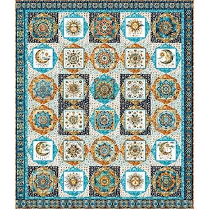 May include: A decorative quilt with a repeating pattern of suns, moons, and geometric shapes in shades of teal, orange, and gold. The quilt has a detailed border and a white background. The overall design has a bohemian or celestial theme.