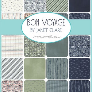 May include: A fabric collection called "Bon Voyage" by Janet Clare for Moda Fabrics. The collection features 16 different fabric squares with various patterns, including stripes, cityscapes, and polka dots. The fabrics are in shades of blue, green, and white.