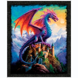 May include: A fantasy art print of a purple and blue dragon with red wings perched atop a castle on a mountain. The background features a colorful sky, mountains, and waterfalls. The artwork is framed with a black border.