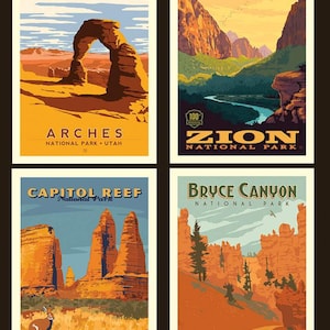 May include: A vintage-style poster set featuring four national parks in Utah: Arches, Zion, Capitol Reef, and Bryce Canyon. Each poster features a scenic landscape with the park's name and a brief description.