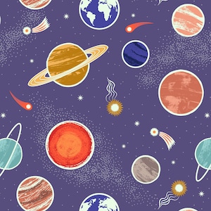 May include: A seamless pattern featuring a variety of planets, stars, and comets on a purple background. The planets are in different colors and sizes, and some have rings. The stars are white and the comets are yellow with white tails.