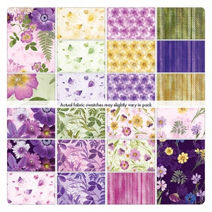May include: A collection of 16 fabric swatches featuring floral patterns in shades of purple, green, yellow, and white. The swatches are arranged in a grid pattern and have a text overlay that reads "Actual fabric swatches may slightly vary in pack."