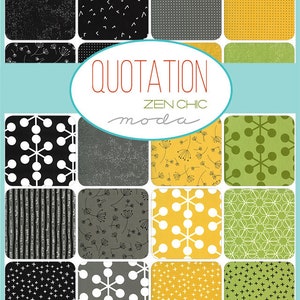 May include: A fabric swatch collection with various geometric and floral patterns in black, white, gray, yellow, and green. The collection is labeled "QUOTATION" by Zen Chic Moda.