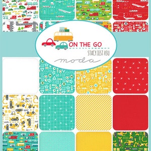 May include: A collection of 12 fabric squares featuring various transportation themes. The squares include images of cars, trucks, airplanes, construction vehicles, and traffic signs. The fabric squares are in a variety of colors, including red, yellow, blue, green, and white. The fabric squares are arranged in a grid pattern. The text "ON THE GO" and "STACY IEST HSU" is printed on a white circle in the center of the image.