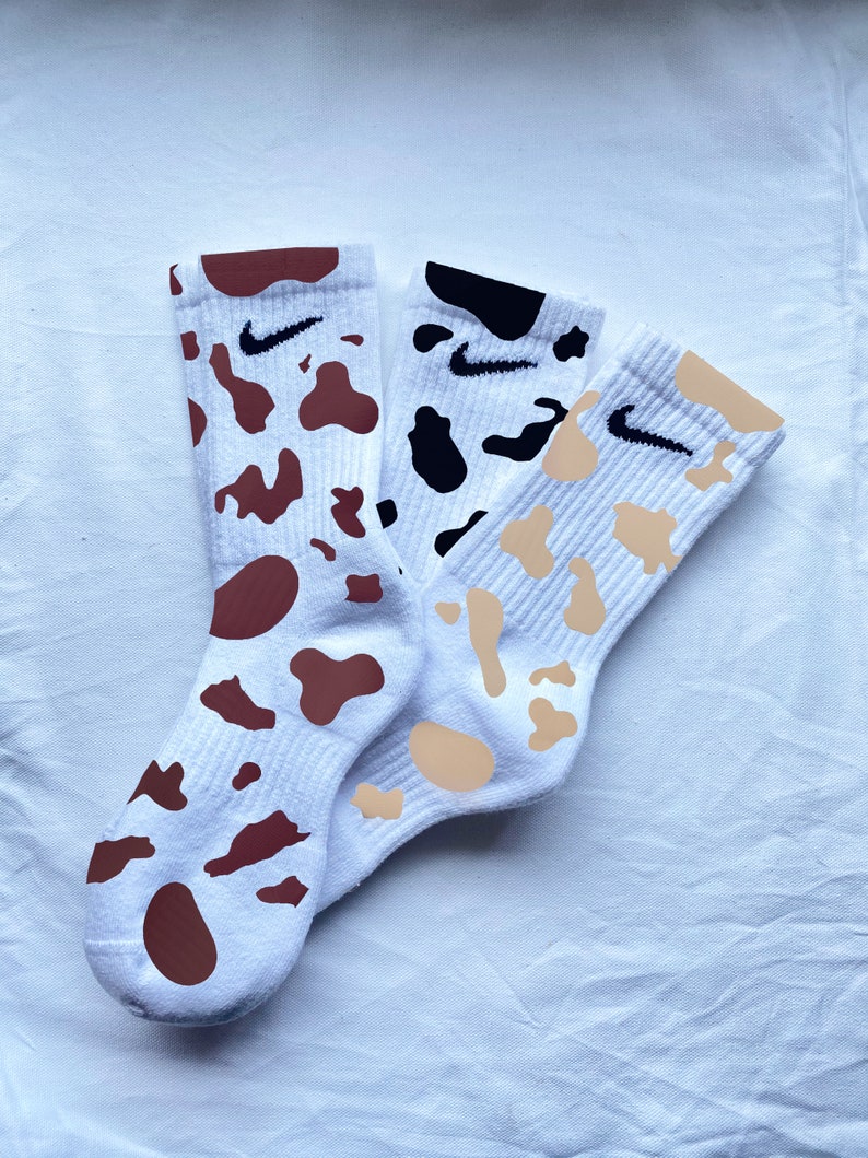 Reworked Nike Socks Cow Printed Etsy