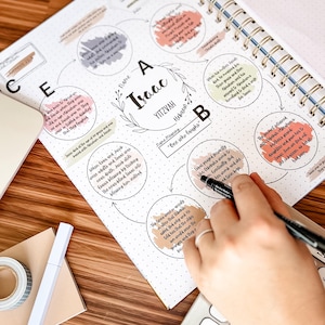 May include: A spiral-bound notebook with a detailed diagram, featuring the name "Isaac" and related text. A hand with a pen is writing on the page. Other items on the wooden surface include a keyboard, tape, and a pen.