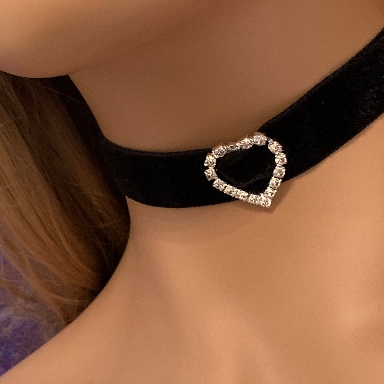 2cm Black Velvet Choker Necklace With Diamante Heart Charm Uk Etsy