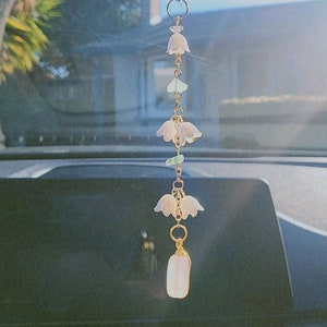 Lily of the valley with rose quartz Car Rear View Mirror Accessories, Car Hanger, Car Charm, Sun Catcher, Room Decor