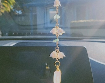 Lily of the valley with rose quartz Car Rear View Mirror Accessories, Car Hanger, Car Charm, Sun Catcher, Room Decor