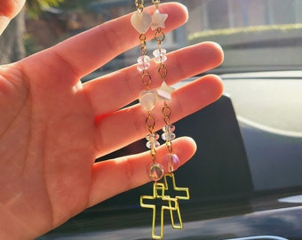 Gold Cross Car Rear View Mirror Accessories, Car Hanger, Car Charm, Crystal Charm, Sun Catcher, Room Decor