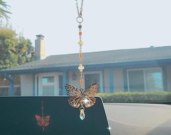 Heishi Gold Butterfly Car Rear View Mirror Accessories, Fancy Elegant Car Hanger, Sun Catcher, Wall Hanging, Aesthetic Room Decor
