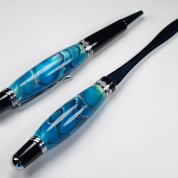 Hand-turned Sierra pen & letter opener, blue acrylic, black and chromed