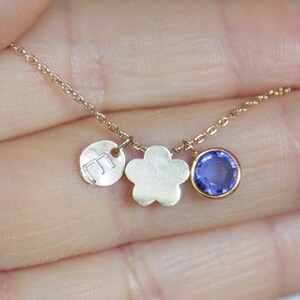 Personalized Flower Necklace / Gold Flower Jewelry / Swarovski Birthstone Crystal / Hand Stamped Gold Disc / Birthday Gifts / Gifts For Her