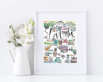 Los Angeles, CA Illustrated Watercolor Art Print featuring Dodger Stadium, LA Skyline, Hollywood, Santa Monica, Griffith Observatory