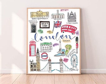 Digital Download** London, England Illustrated Watercolor  | London Eye | Buckingham Palace | Westminster | Union Jack | St Pauls Cathedral