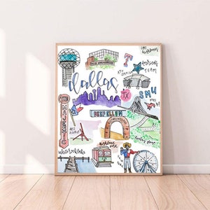 Download digitale** Dallas, TX lllustrated Watercolor / ATT Stadium / Reunion Tower / SMU / State Fair / Dallas Skyline / Deep Ellum